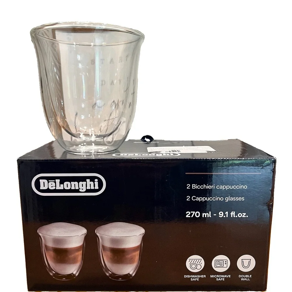 DeLonghi Cappuccino Glasses Double Wall 270ml (9.1oz) Thermal Glass Set of 2